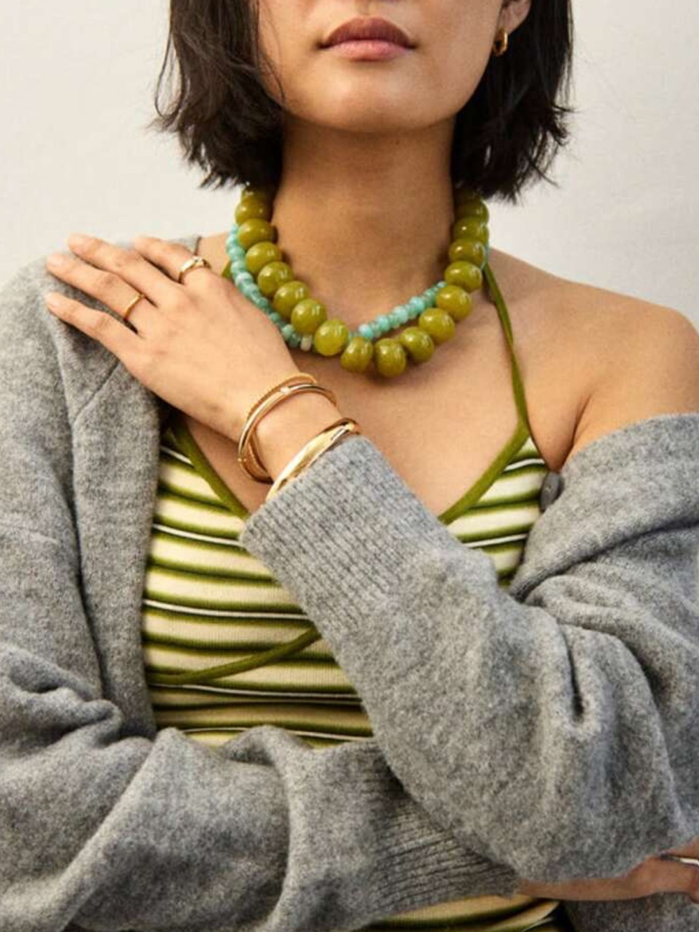 New! Olive Green Resin Chunky Beaded Statement Necklace - Women Jewelry - Picture 2 of 12